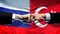 Russia vs Turkey conflict, international relations, fists on flag background