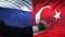 Russia vs Turkey confrontation, countries disagreement, fists on flag background