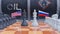 Russia vs USA fight for oil On the chess board. Oil Tank. oil tank background, with USA and Russia flags. 3D work and 3D