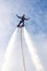 Russia. Vyborg. 05.09.2020. A man flies on a FlyBoard. vertical frame