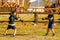 Russia. Vyborg. 08.21.2020. Children fight with wooden swords at a knight`s festival