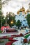 Russia, Yaroslavl, July 2020. Park near the large Orthodox cathedral.