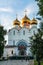 Russia, Yaroslavl, July 2020. Square in front of the cathedral with golden domes in the evening light.