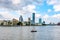 Russia, Yekaterinburg, August 14, 2019 on the river in a big city on a cloudy day, a boat rides on the water