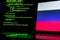 Russian anonymous hackers. Russian flag and programming code in background