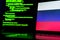 Russian anonymous hackers. Russian flag and programming code in background