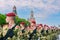The Russian army in red berets and green uniforms. Military with weapons in hands: Moscow, Russia, 09 may 2019