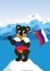 Russian bear holding the Russian flag looking proud next to snowy mountains