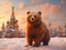 Russian bear with vodka on background of the Kremlin in winter Moscow