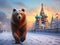 Russian bear with vodka on background of the Kremlin in winter Moscow