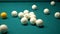 Russian billiards, the first blow, breaking the pyramid. Slow motion. Close-up
