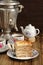 Russian bliny with vintage samovar and teaware