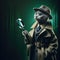 A Russian Blue cat dressed in a detective& x27;s trench coat and fedora hat, holding a magnifying glass, with a