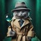 A Russian Blue cat dressed in a detective& x27;s trench coat and fedora hat, holding a magnifying glass, with a