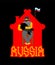 Russian bomb. Man and rocket. National Folk hut. Wooden house. Nuclear weapons in Russia