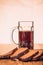 Russian brew in mug and loaf of rye flour on wooden background