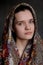 Russian brunette green eyed girl in Pavlo-Posad russian shawl st