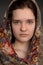 Russian brunette green eyed girl in Pavlo-Posad russian shawl st