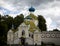 Russian Christian church, a temple on a background of gray sky and clouds