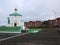 Russian Church, cloudy weather.  Beautiful green domes. Details and