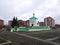 Russian Church, cloudy weather.  Beautiful green domes. Details and