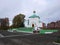 Russian Church, cloudy weather.  Beautiful green domes. Details and