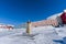 Russian city of Barentsburg on the Spitsbergen archipelago in the winter in the Arctic In sunny weather and blue sky