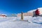 Russian city of Barentsburg on the Spitsbergen archipelago in the winter in the Arctic In sunny weather and blue sky