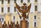 Russian coat of arms of imperial double headed eagle on the fence in Palace Square by Hermitage in Saint Petersburg, Russia