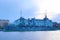 Russian cruiser Aurora in the mouth of Neva river in Petersburg near Nakhimov Naval School