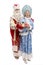 Russian Ded Moroz and Snegurochka in beautiful costumes with a gift. Celebrating New Year and Christmas. Full height. Isolated on