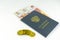 Russian documents. Work book,employment record, a document to record work experience. Russian cash, banknotes 5000 rubles and