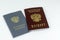 Russian documents. Work book, employment record, a document to record work experience. Russian national passport. On white