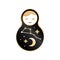 Russian doll matrioshka Babushka smiling Kawaii cute face, Stars, moon, constellation Ursa Major the Great Bear, night sky. Black