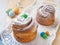 Russian easter cake, kulich. Cruffin dessert decorated with sugar powder and easter eggs. Homemade treat.