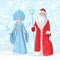 Russian Father Frost also known as `Ded Moroz` and his granddaughter `Sneguroschka`. Vector cartoon illustration on ice