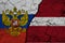 Russian Federation and Latvia flag on textured cracked ground. The concept of cooperation between the two countries. 3d rendering