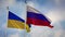 Russian federation tricolor and Ukraine flags depict conflict between Kiev and moscow