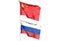 Russian flag and Chinese flag on the cloudy sky