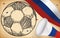 Russian Flag, Confetti, Trumpet and Soccer Ball for Football Event, Vector Illustration