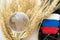 Russian flag, Ukrainian wheat and world globe lie on a white background, world famine, theft of Ukrainian grain by