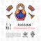 Russian food concept, restaurant menu. Russia culture thin line icons