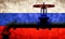 Russian gas transmission, valve on pipeline against flag of Russia