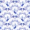 Russian Gzhel pattern. National floral background, Seamless navy blue ornament with birds and dots in the style of traditional por
