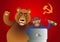 Russian hacker with laptop, vodka and own pet bear on USSR flag background