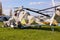 Russian helicopter standing on the grass with the engine OFF
