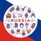 Russian icons circle infographics. Colorful Russian poster - flag, food, matryoshka doll, vodka, samovar, balalaika