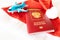 Russian international passport, blue toy plane and red santa hat on white background