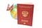 Russian International passport, globe and origami plane made fro