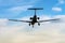 Russian jet Yakovlev Yak-40K - passenger three-engined jet airliner, commuter trijet in flight against blue sky clouds